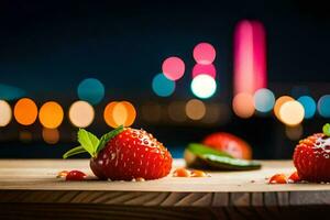 deux des fraises sur une en bois table avec une ville horizon dans le Contexte. généré par ai photo