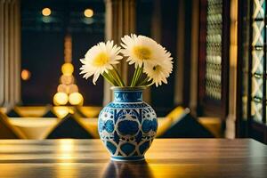 une bleu et blanc vase avec fleurs séance sur une tableau. généré par ai photo