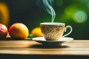 une tasse de thé avec fumée à venir en dehors de il. généré par ai photo