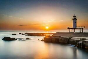 une phare des stands sur le rive de le océan à le coucher du soleil. généré par ai photo