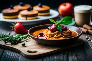 spaghetti avec tomate sauce et baies sur une en bois tableau. généré par ai photo