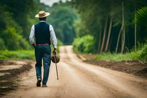 une homme dans une chapeau et gilet en marchant vers le bas une saleté route. généré par ai photo