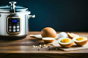 un instant pot avec des œufs et une couteau. généré par ai photo