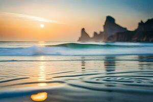 le coucher du soleil sur le plage avec vagues et rochers. généré par ai photo