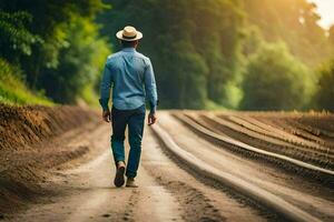 une homme dans une chapeau des promenades vers le bas une saleté route. généré par ai photo