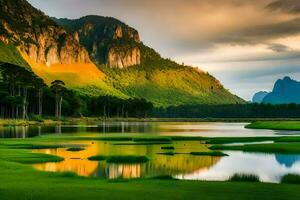 le montagnes et le Lac dans le Contexte. généré par ai photo