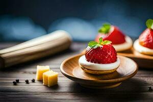 Trois petit desserts avec des fraises sur une en bois plaque. généré par ai photo