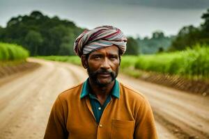 une homme dans une turban permanent sur une saleté route. généré par ai photo