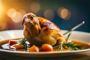 une poulet est séance sur une assiette avec carottes et patates. généré par ai photo