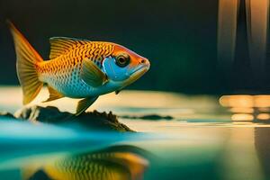 une poisson est permanent sur le l'eau avec ses réflexion. généré par ai photo