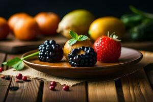 Frais des fruits sur une en bois tableau. généré par ai photo