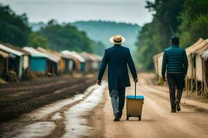 deux Hommes en marchant vers le bas une saleté route avec une valise. généré par ai photo