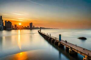 le Soleil monte plus de le ville horizon dans cette photo. généré par ai photo