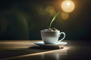 une café tasse avec une plante croissance en dehors de il. généré par ai photo