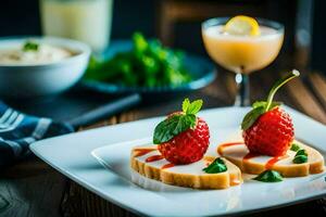 une assiette avec des fraises et une verre de limonade. généré par ai photo