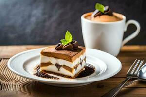 une pièce de Chocolat gâteau sur une assiette avec une tasse de café. généré par ai photo