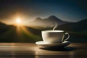 une tasse de café sur une en bois table dans le montagnes. généré par ai photo