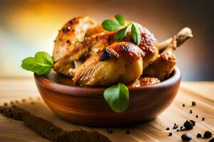 poulet dans une en bois bol sur une en bois tableau. généré par ai photo