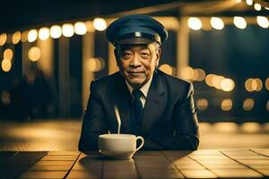 un plus âgée homme dans une costume et chapeau séance à une table avec une tasse de café. généré par ai photo