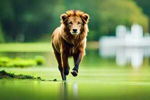 une Lion en marchant à travers une lac. généré par ai photo