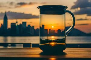 une lanceur de l'eau sur une table avec une ville horizon dans le Contexte. généré par ai photo