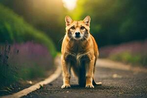 une chien est permanent sur le route dans de face de une vert champ. généré par ai photo