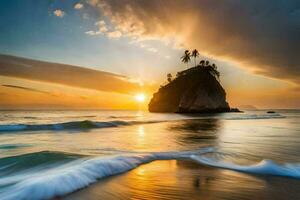 le Soleil ensembles plus de une plage avec vagues et une rock. généré par ai photo