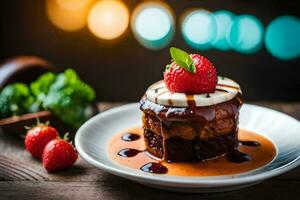 une dessert avec Chocolat sauce et des fraises sur une plaque. généré par ai photo