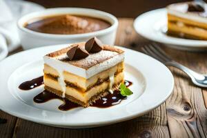 une tranche de gâteau sur une assiette avec une tasse de café. généré par ai photo