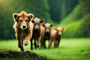 une Lion est en marchant avec une troupeau de vaches. généré par ai photo