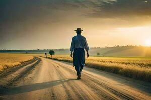 une homme en marchant vers le bas une saleté route à le coucher du soleil. généré par ai photo
