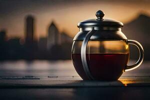 une thé pot est assis sur une table dans de face de une ville ligne d'horizon. généré par ai photo