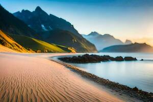 une plage avec le sable et montagnes dans le Contexte. généré par ai photo