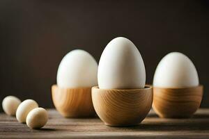 Trois des œufs dans en bois Oeuf tasses sur une tableau. généré par ai photo