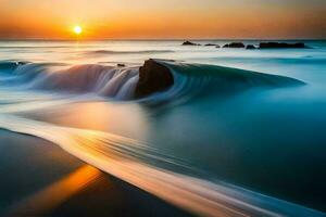 une magnifique le coucher du soleil plus de le océan avec vagues s'écraser dans rochers. généré par ai photo