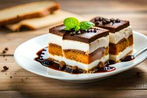 une dessert avec Chocolat et crème sur une plaque. généré par ai photo