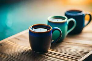 Trois café tasses sur une en bois tableau. généré par ai photo