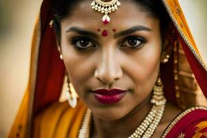 une magnifique Indien femme portant une traditionnel sari. généré par ai photo