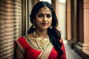 une magnifique Indien femme portant une rouge sari et or bijoux. généré par ai photo