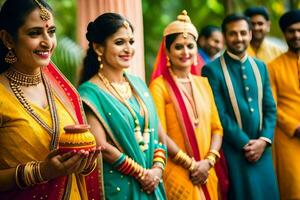 Indien mariage fête avec la mariée et jeune marié. généré par ai photo