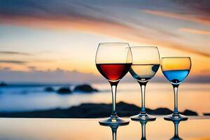 Trois du vin des lunettes avec différent couleurs sur une tableau. généré par ai photo