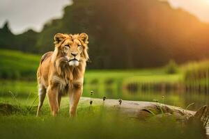 une Lion des stands dans le herbe près une lac. généré par ai photo