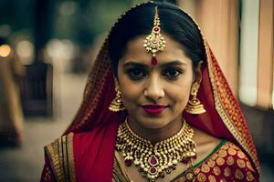 une magnifique Indien la mariée dans traditionnel tenue. généré par ai photo