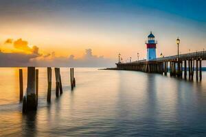 une phare des stands sur le l'eau à le coucher du soleil. généré par ai photo