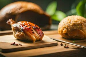 une en bois Coupe planche avec une poulet et pain. généré par ai photo