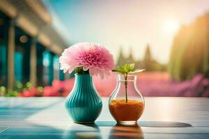 deux des vases avec fleurs sur une table dans de face de une jardin. généré par ai photo