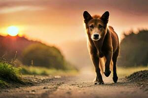 une chien en marchant sur une saleté route à le coucher du soleil. généré par ai photo