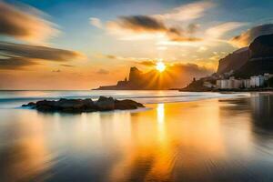 le Soleil monte plus de le océan et montagnes dans Rio. généré par ai photo