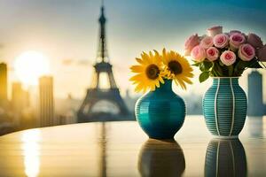 deux des vases avec fleurs et le Eiffel la tour dans le Contexte. généré par ai photo
