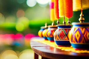 coloré des pots sur une table avec coloré plumes. généré par ai photo